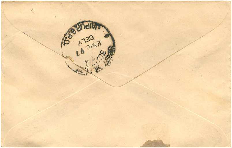 Jaipur, Indien — Umschlag an die Milltal Stamp Co. — Briefmarken und Poststempel — Rückseite