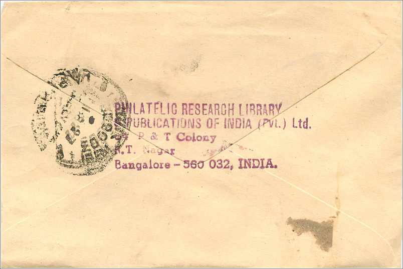 Ansichtskarte von Bangalore — Publications of India (P.V.L.) Ltd. — Bestimmungsort Taaper (Taper) in Indien — Rückseite