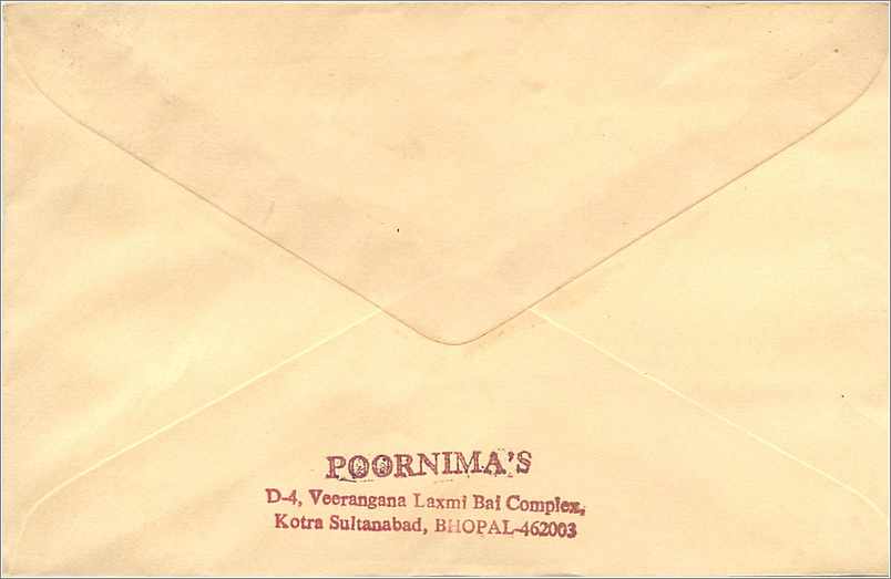 Umschlag an S.L. B.K. Poddar, Stamp Syndicate, 19 Chandni Chowk, Kalkutta — Briefmarke 100 INDIAS — Empfänger in Bhopal — Rückseite