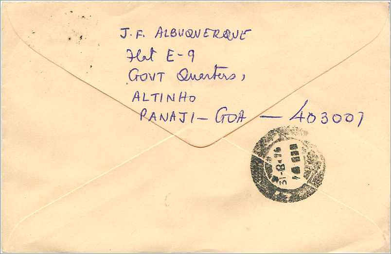 Jaipur — Umschlag an die Firma M s. Mittal Stamp Co. — G.P.O. Postfach Nr. 253, Jaipur 302 001 — Rückseite