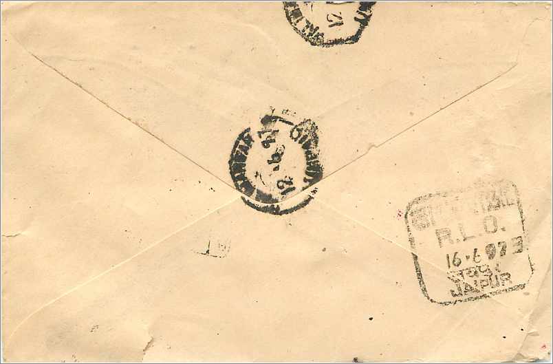 Japura — Indien — 100 Rupien-Stempel — Poststempel R.L.O. JAPUR 16-6-1973 — Rückseite