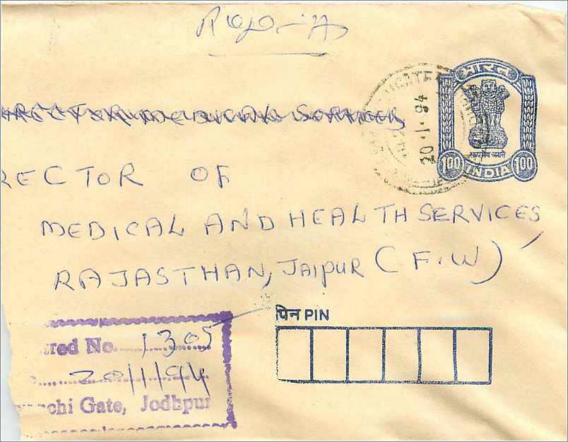 Jodhpur — Umschlag für den Leiter der medizinischen und Gesundheitsdienste von Rajasthan — Stempel und Poststempel