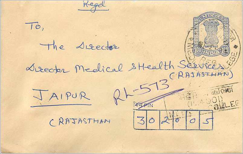 Jaipur — Enveloppe à l'attention du Directeur des Services Médicaux et de la Santé (Rajasthan) — Poste de Regel