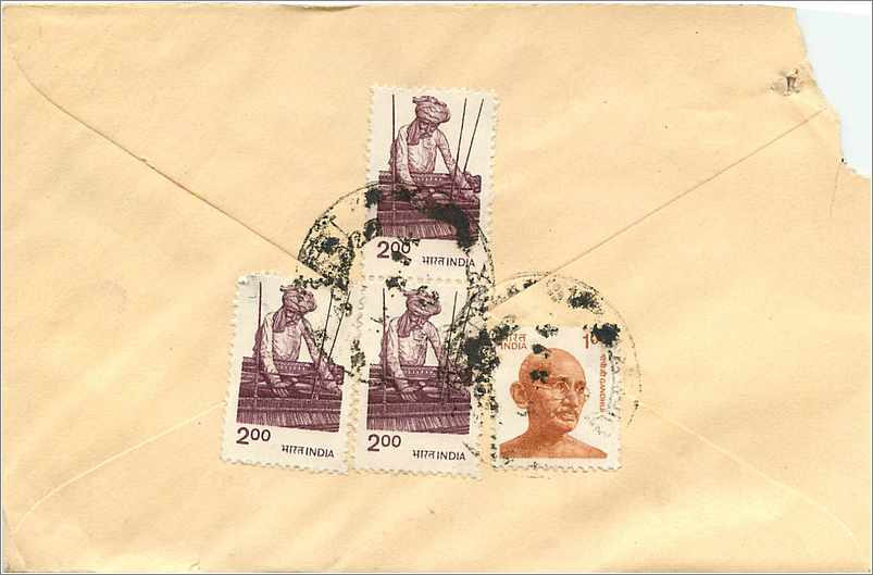 Indische Ansichtskarte — Bageri — Stempel mit Gandhi und Arbeitern — Verlag nicht sichtbar — Rückseite