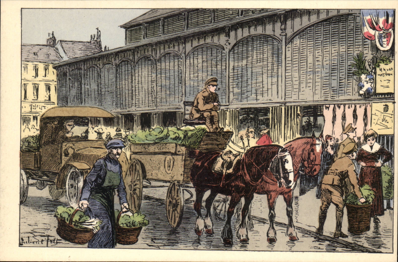 CPA Illustrateur Rouen Temps de guerre Le matin aux halles (militaria) Felt