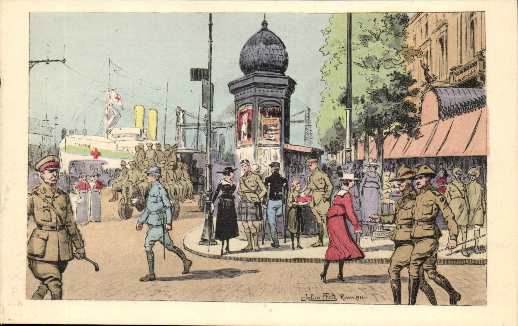 CPA Illustrateur Rouen Temps de guerre Le quai de la Bourse (militaria) Felt