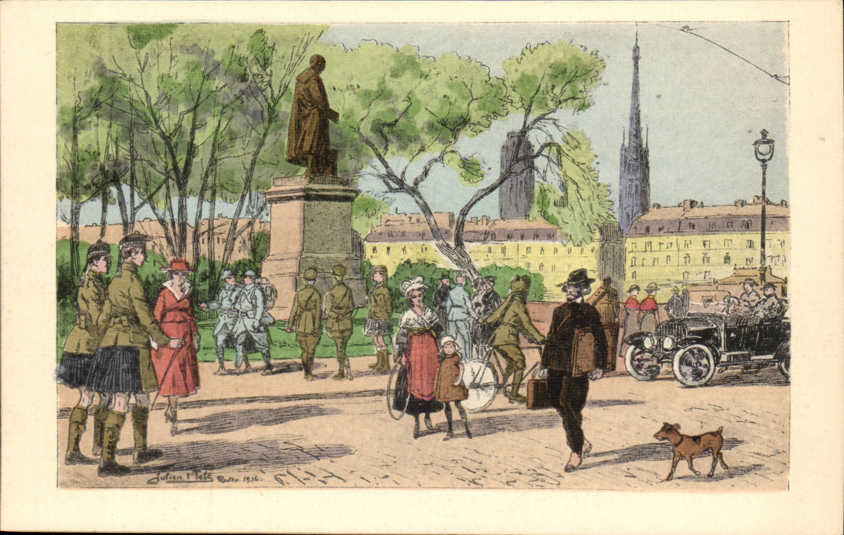 CPA Illustrateur Rouen Temps de guerre Pont et statue de Corneille (militaria) Felt