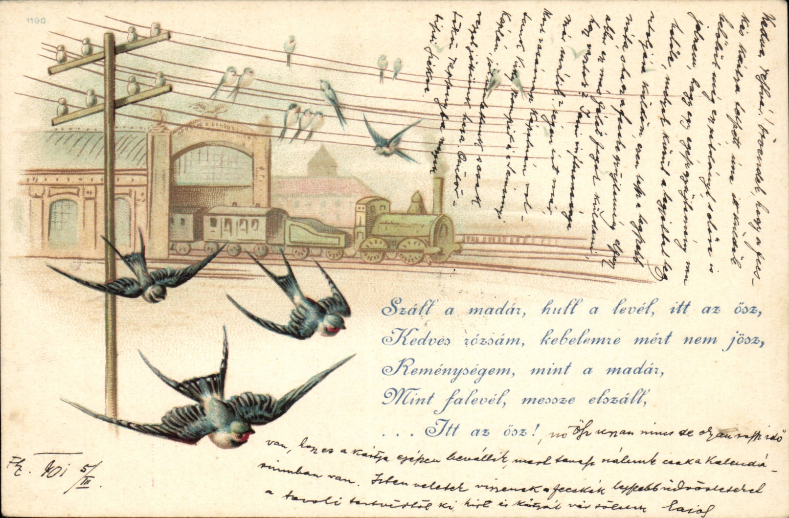 Animaux - Oiseaux et train - Petit Tableau - CPA (carte hongroise Hungary Hongrie)