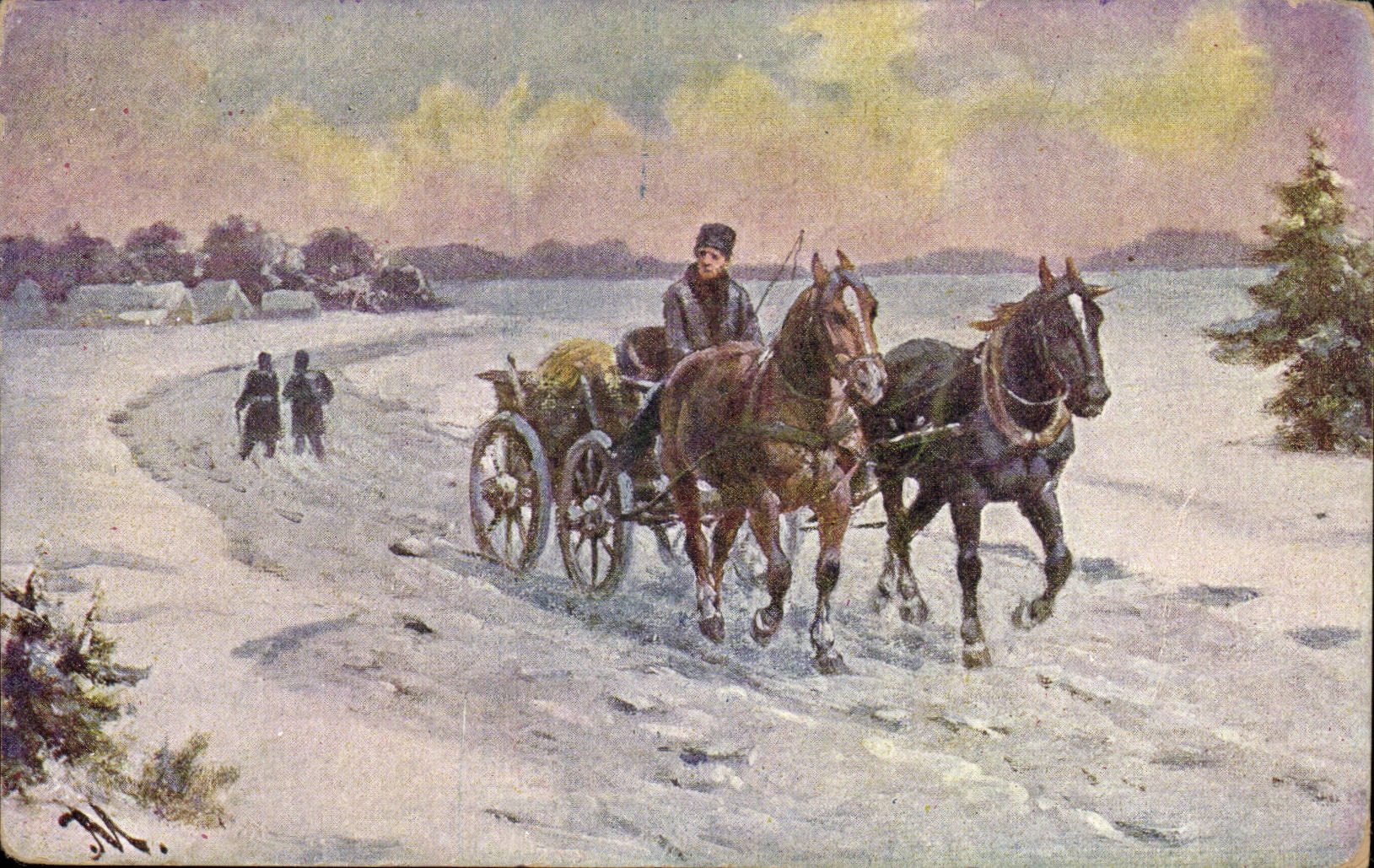 Arts - Tableau - Caleche - Horse drawn carriage whipping through the countyside- CPA (carte hongroise Hungary 