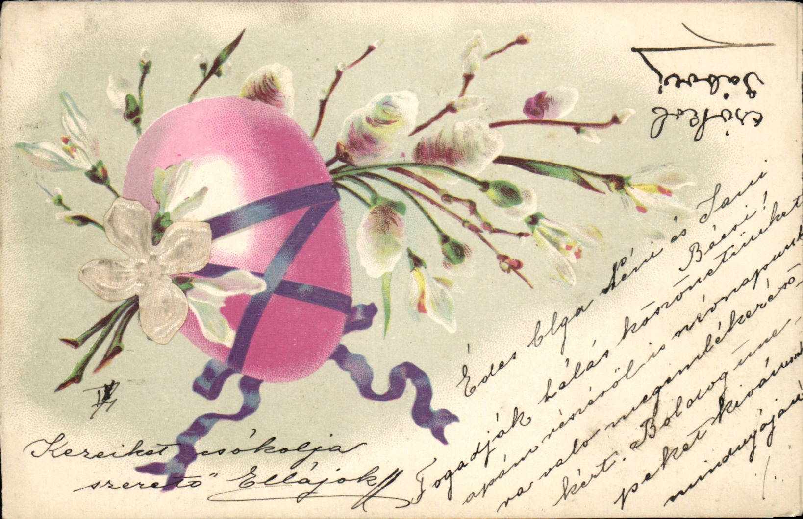 Fetes - Paques - Oeuf - Egg wrapped with ribbon and pussywillows - Easter - Ostern CPA (carte hongroise Hung