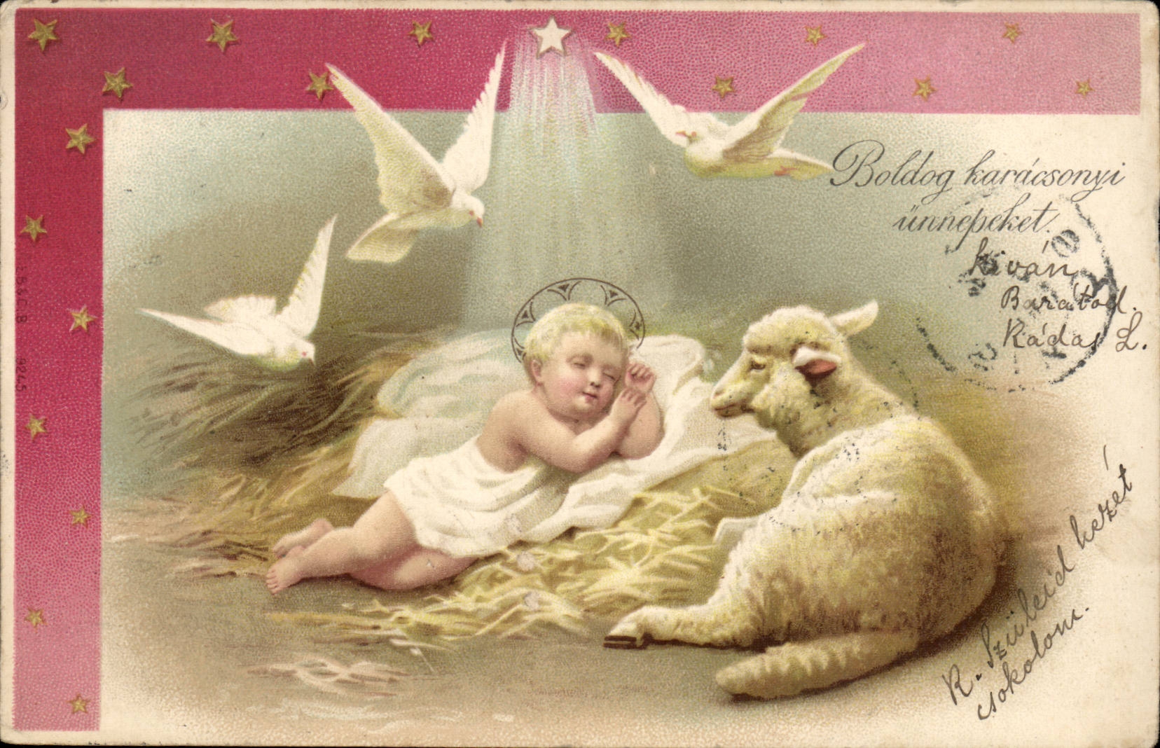 Fetes - Noel - Christmas - baby jesus cuddling with darling lamb CPA (carte hongroise Hungary Hongrie)