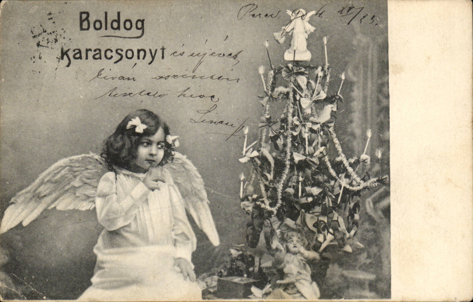 Fetes -Noel - Christmas - Enfants - Child with angel wings - Sapin de Noel - Christmas tree - CPA Hongrie