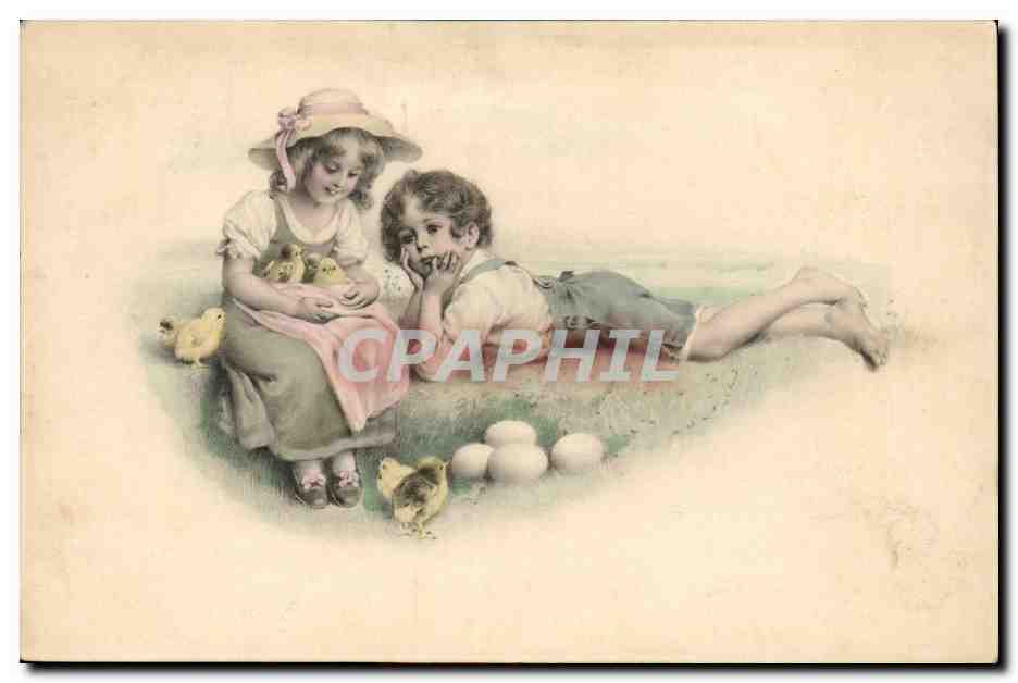 Fantaisie - Enfants - poussin - Darling children with baby chicks - CPA 