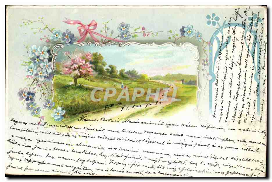 Paysage de campagne avec cerisier en fleurs — éditeur non identifié, n° de série non visible