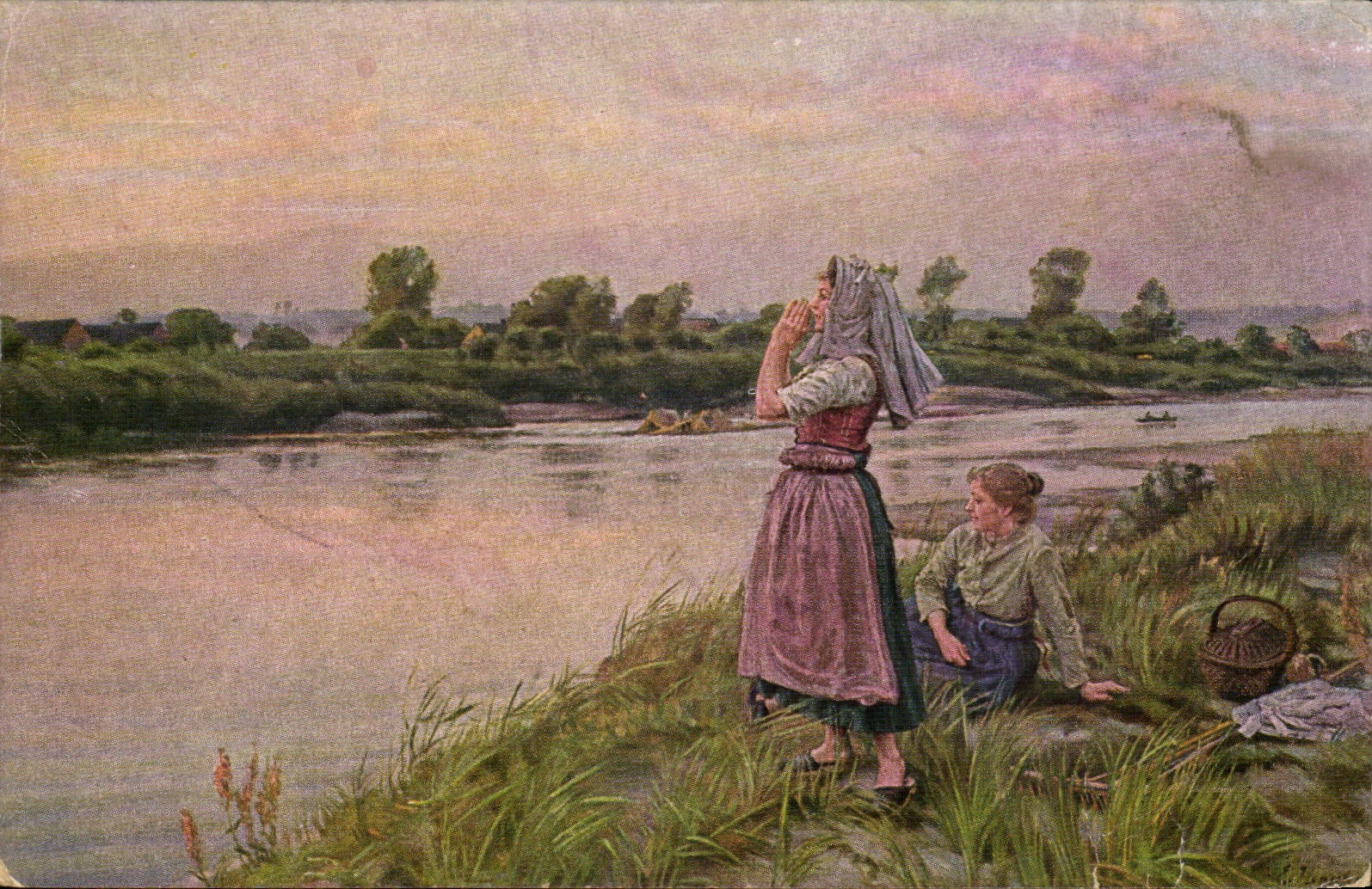 Arts - Tableau - Woman calling across a river CPA (carte hongroise Hungary Hongrie)
