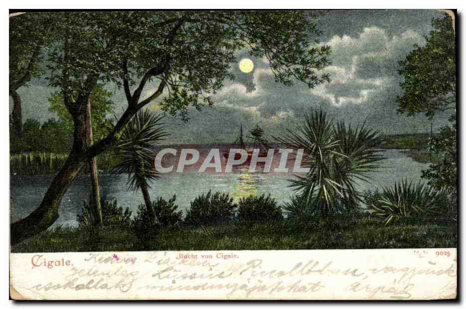 Arts - Tableau - Boat sailing under a full moon - lune CPA (carte hongroise Hungary Hongrie)