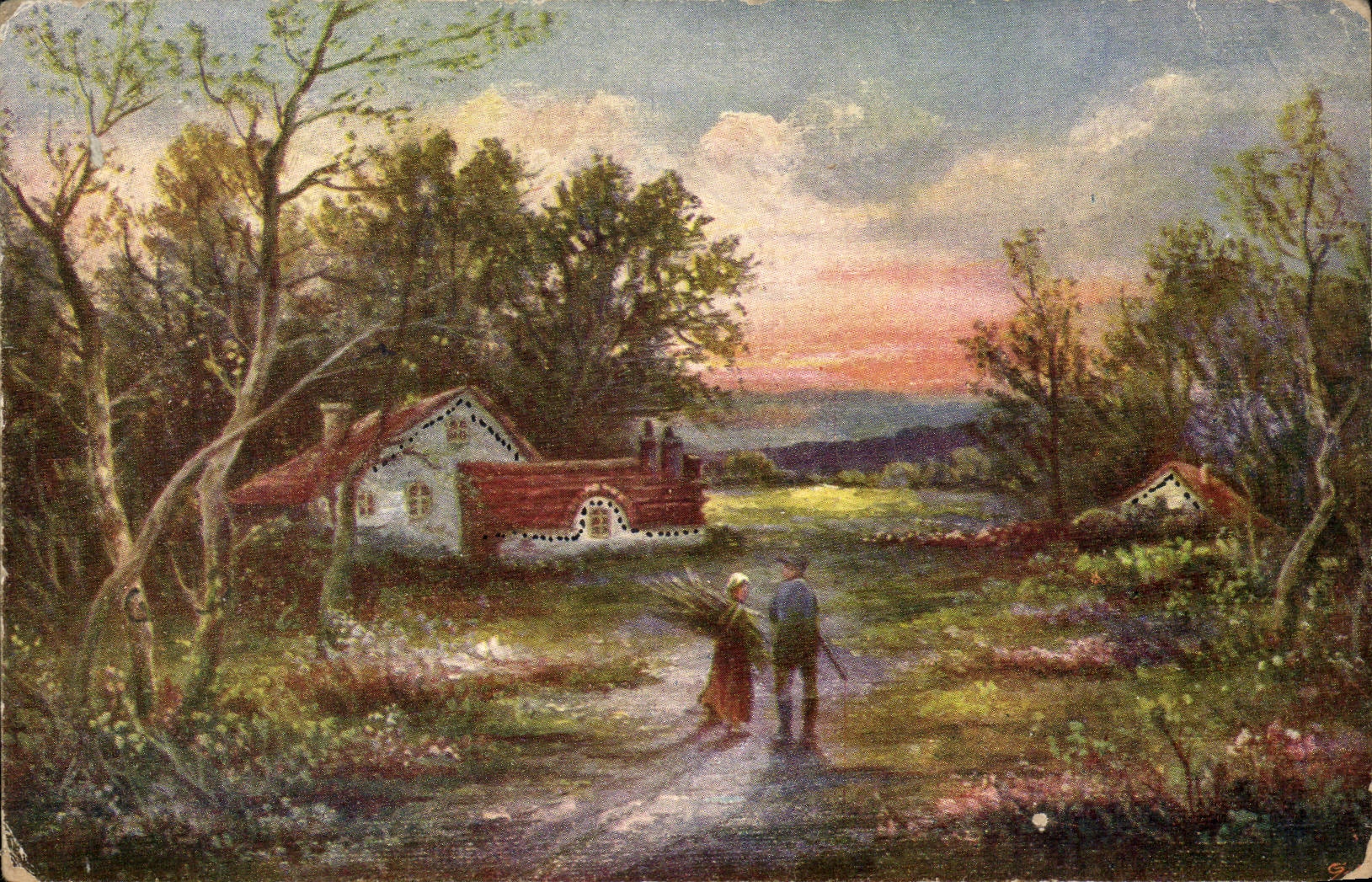 Arts - Tableau - Couple walking towards cozy cottage CPA (carte hongroise Hungary Hongrie)