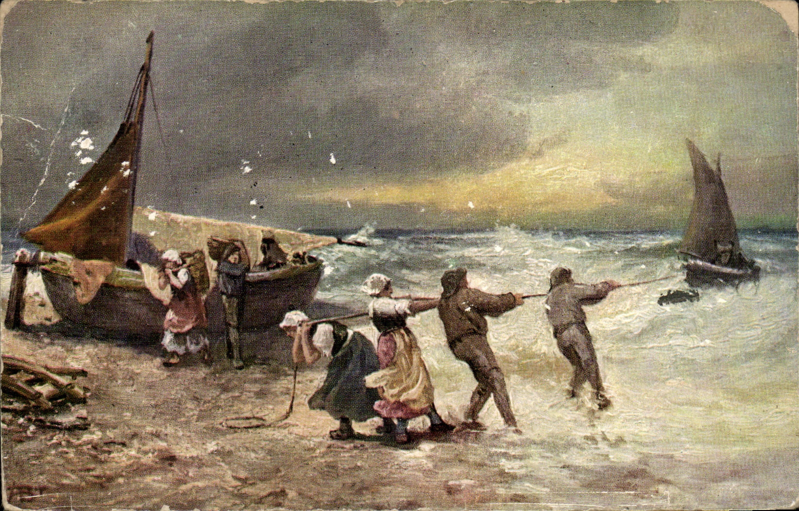 Arts - Tableau - Pulling boat in with massive strength - bateau CPA (carte hongroise Hungary Hongrie)