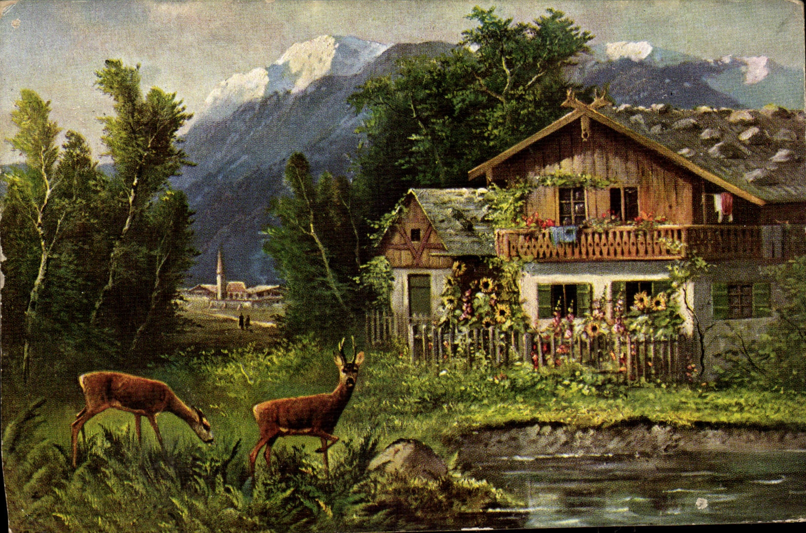 Arts - Tableau - Cozy cottage and alert deer CPA (carte hongroise Hungary Hongrie)