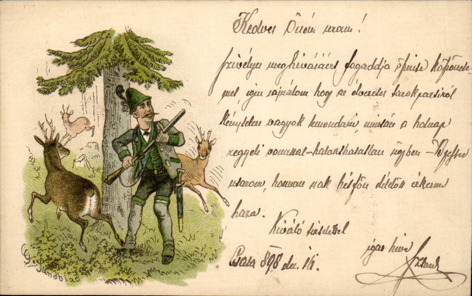 Chasseur et cerfs — illustration humoristique — éditeur G. Sundblad