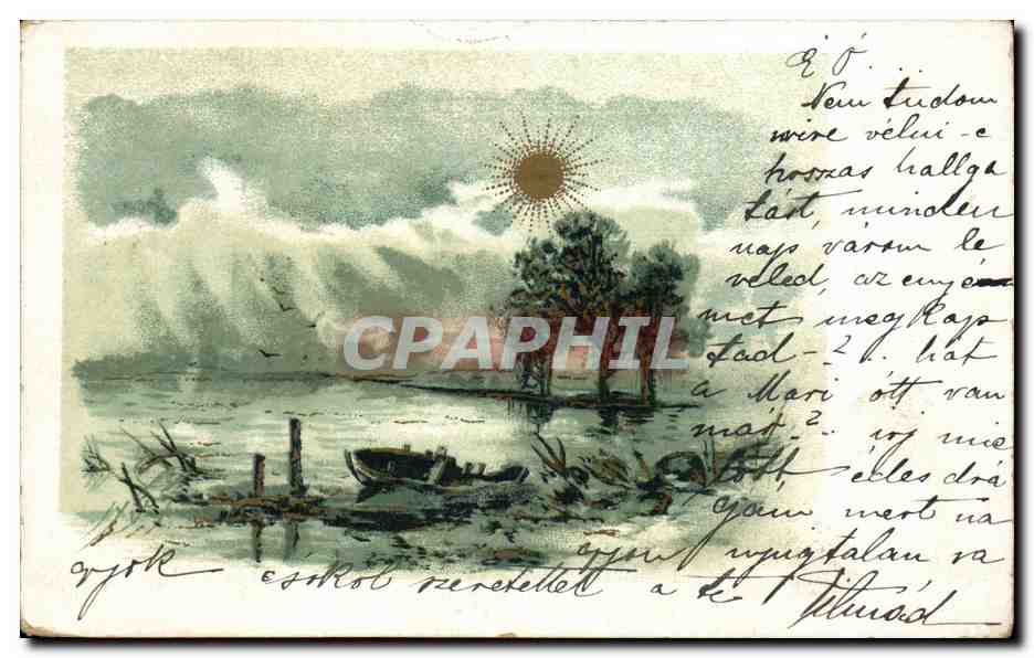 Arts - Tableau - Bateau - Boat docked under shining sun - CPA (carte hongroise Hungary Hongrie)