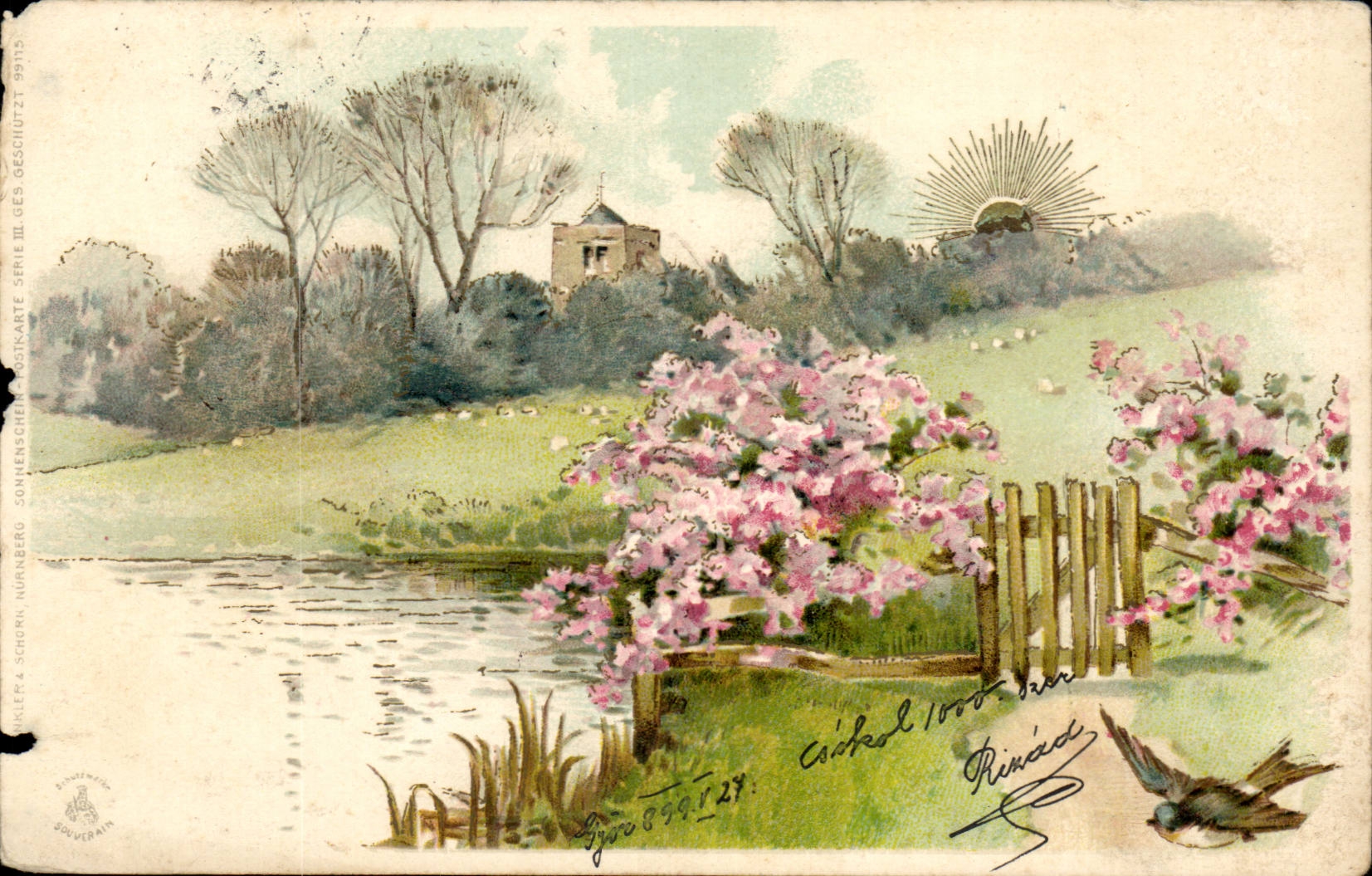 Arts - Tableau - Country scene with shining sun - CPA (carte hongroise Hungary Hongrie)