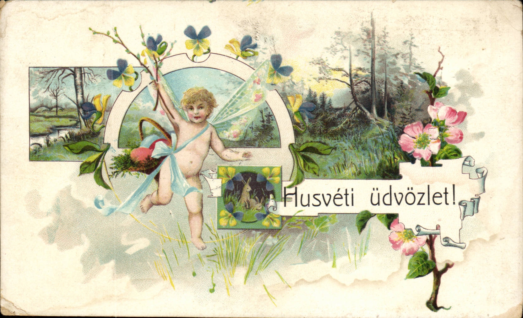Ange - Angel - Engel - Nature scene with four leafed clover - CPA (carte hongroise Hungary Hongrie)