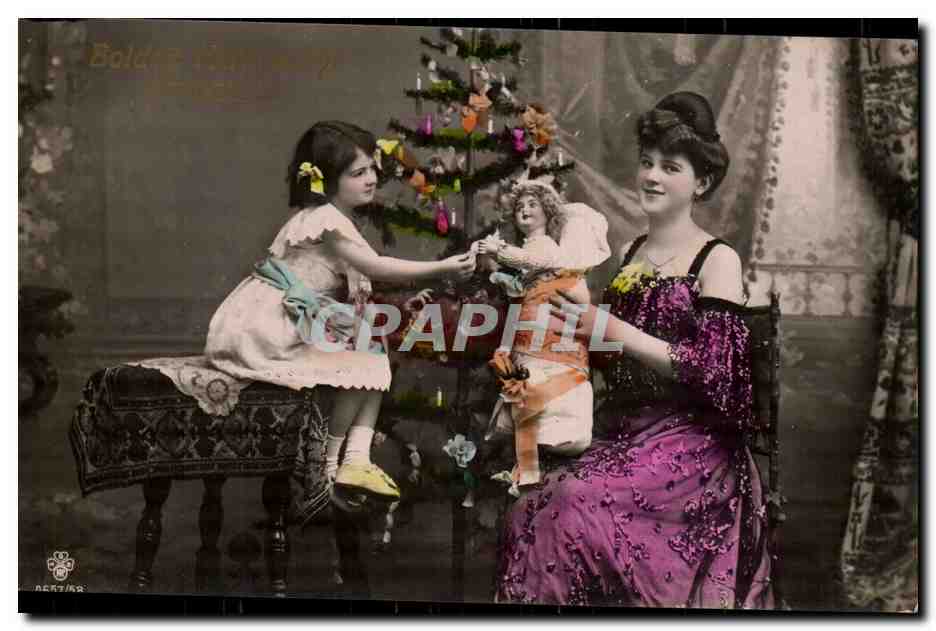Fantaisie - Enfant et poupee - Noel - Christmas - sapin de Noel - Chritmas Tree - CPA (carte hongroise Hungar