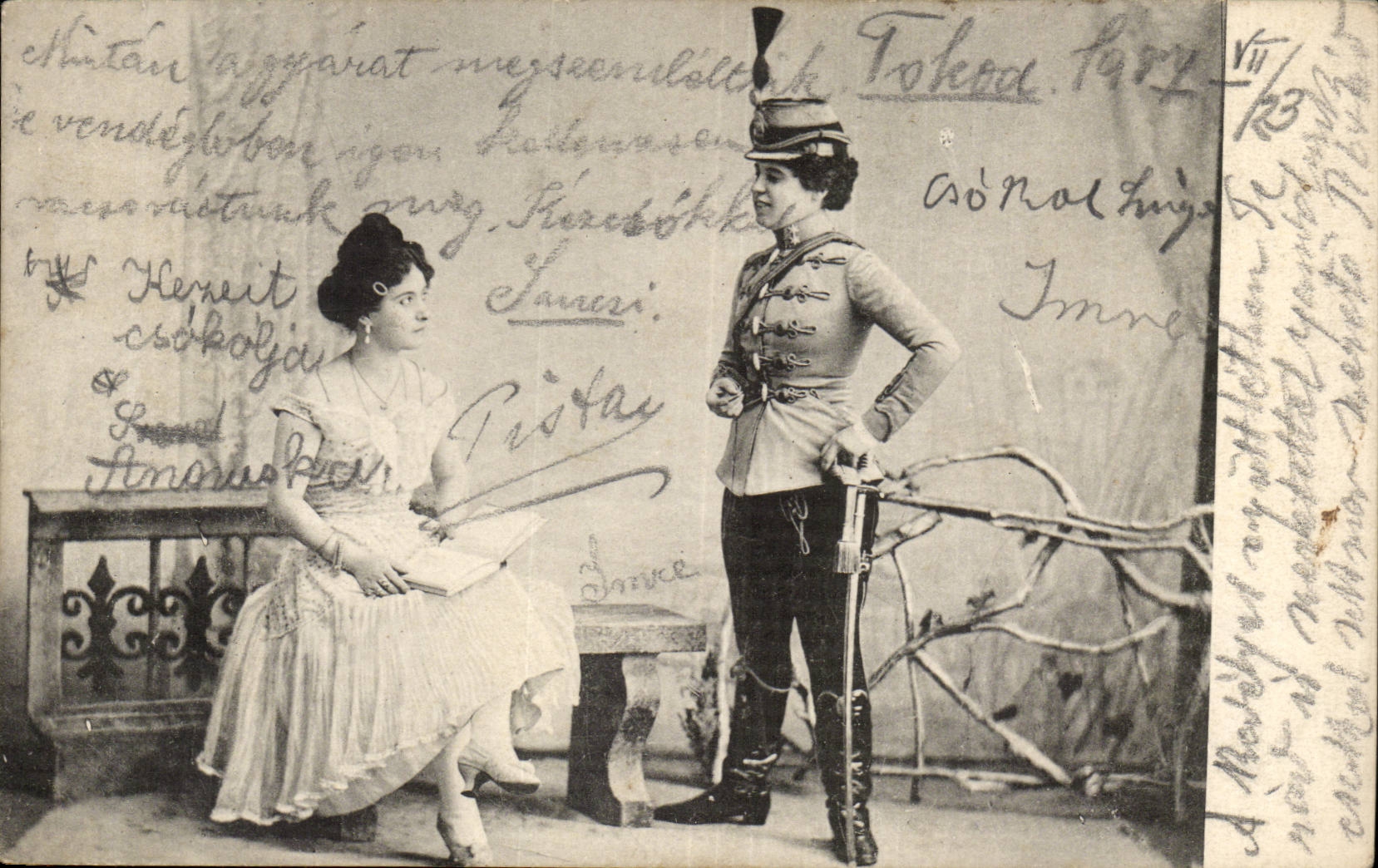 Fantaisie - Couple - Militaria - Amazing Uniform - Woman in elegant dress - style - Fashion - mode - CPA (ca