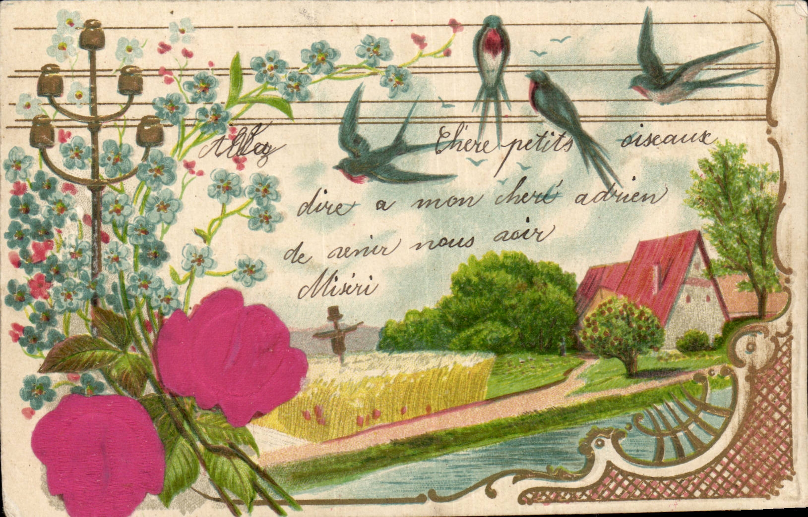 Paysage rural avec oiseaux — illustration sur fond de portée musicale — éditeur non identifié