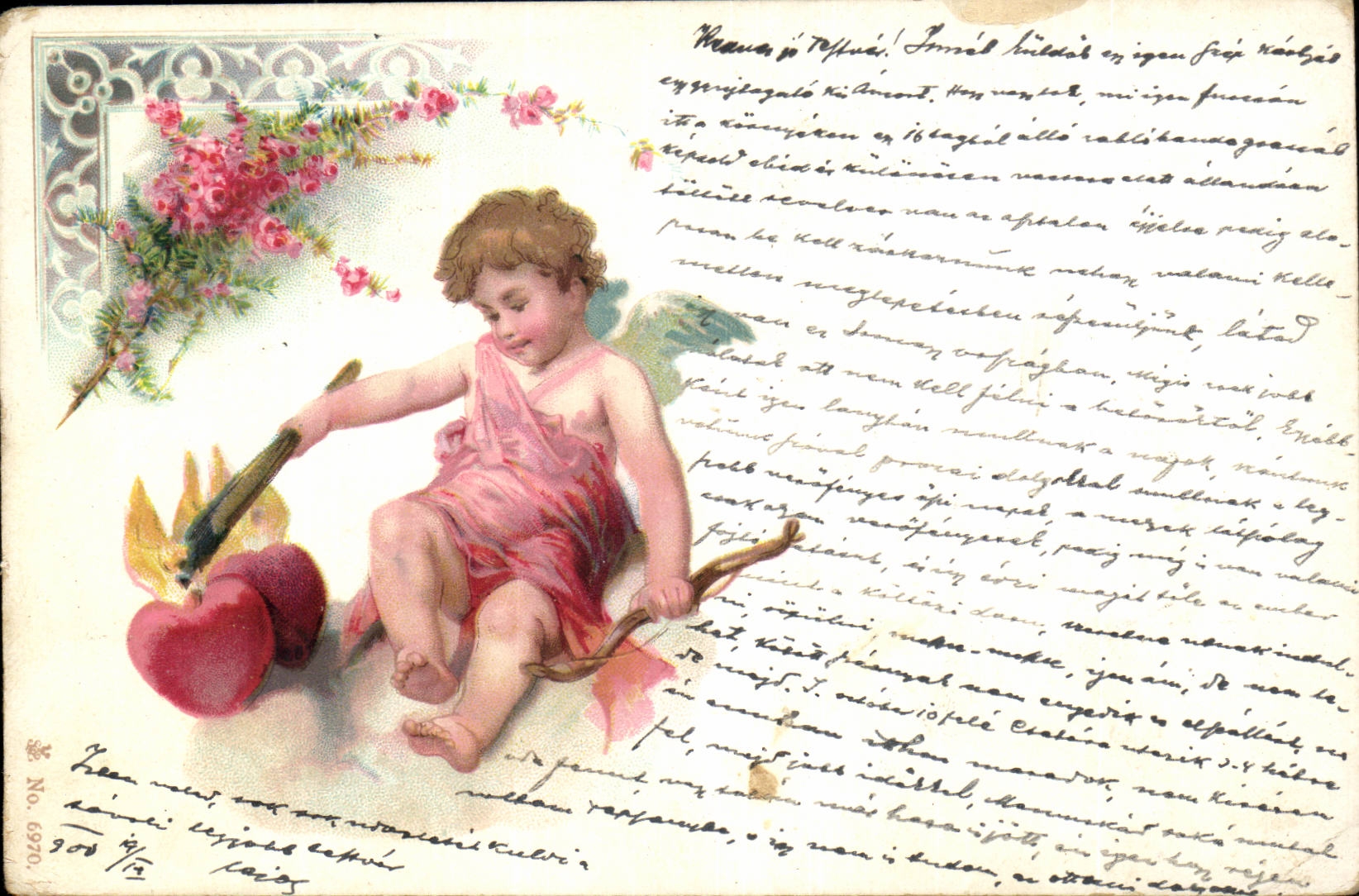 Ange - Angel - Engel - chubby cherub with bow and arrow (carte hongroise Hungary Hongrie)