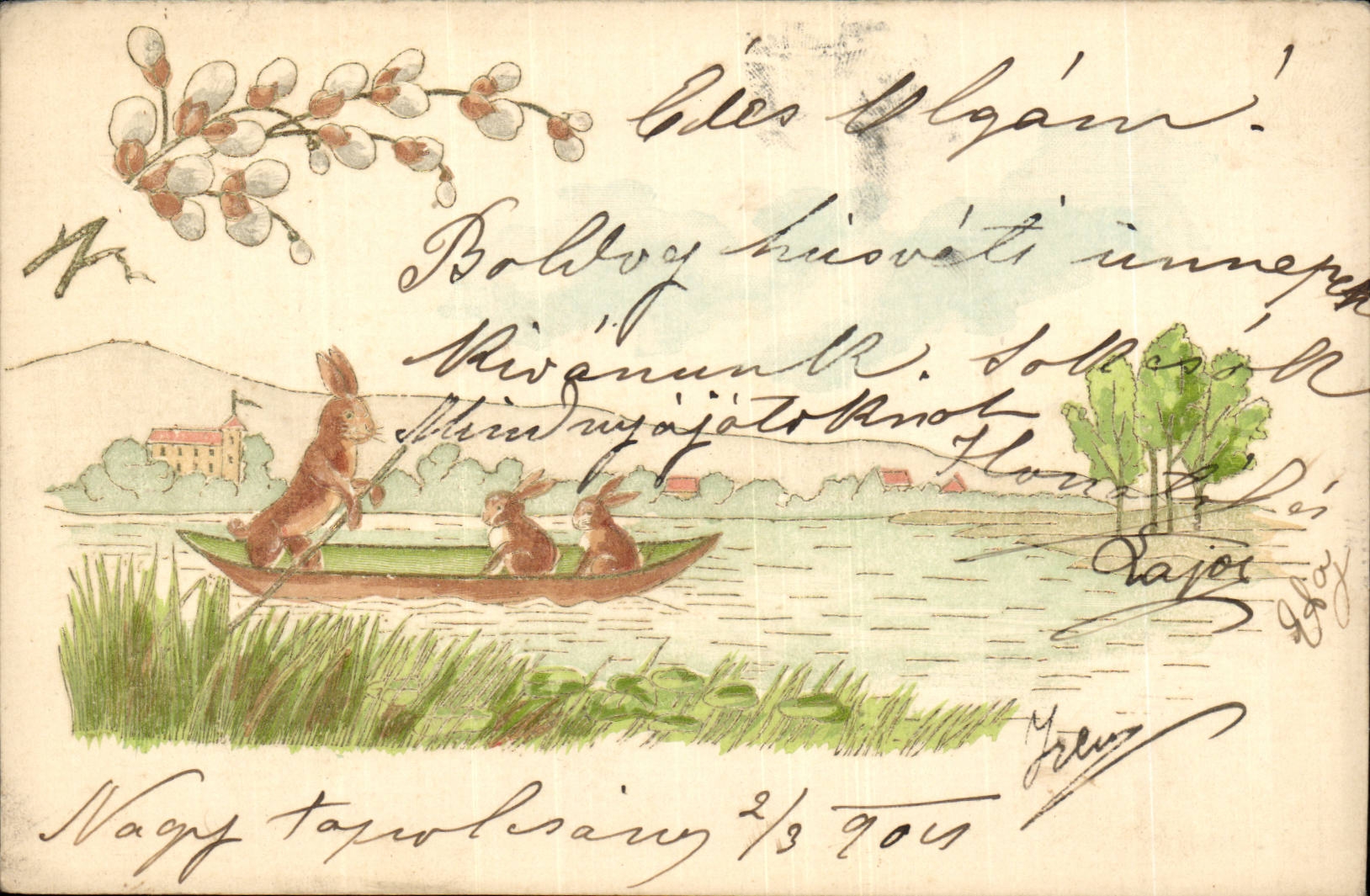 Fetes - Pacques - Lapin et Bateau - Rabbit family in rowboat (carte hongroise Hungary Hongrie)