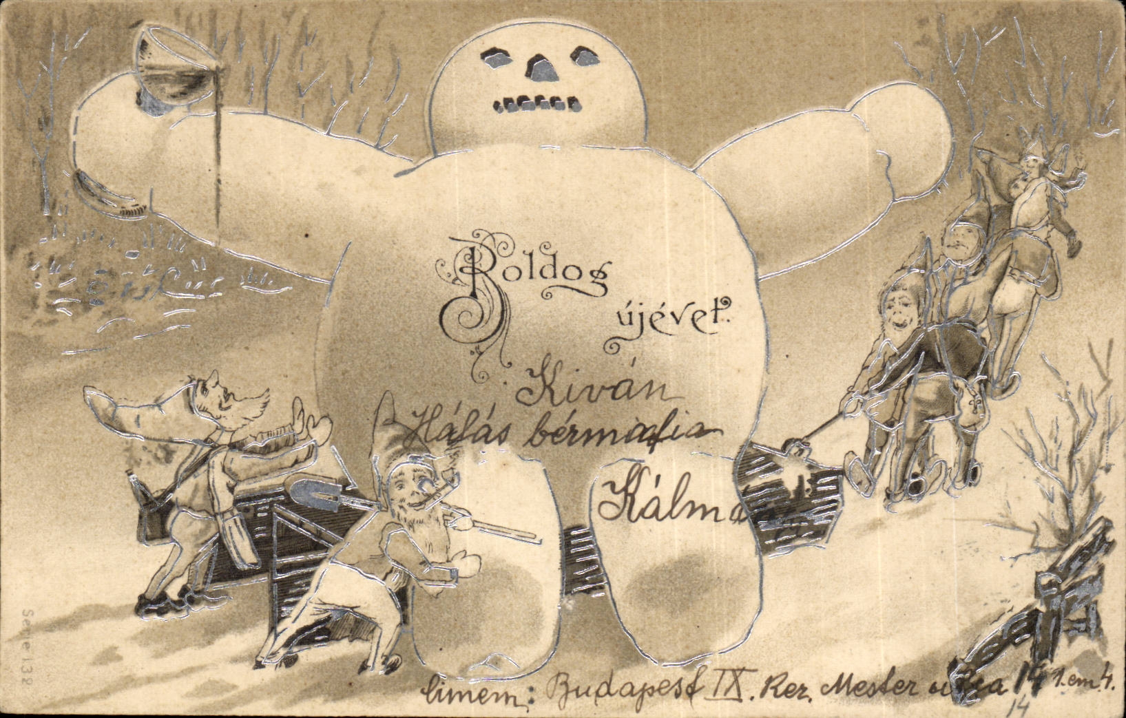Sneeuwreus en duiveltjes — kerstscene — uitgever: Budapest IX. Rész Mester címsz. 14