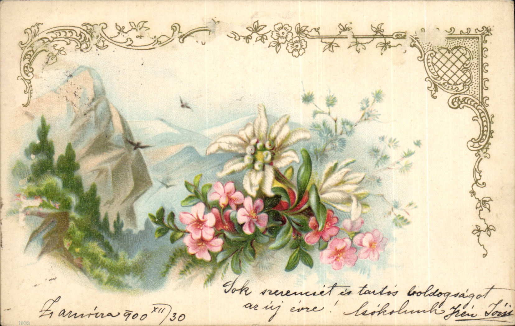 Fleurs - Flowers with montain range (carte hongroise Hungary Hongrie)