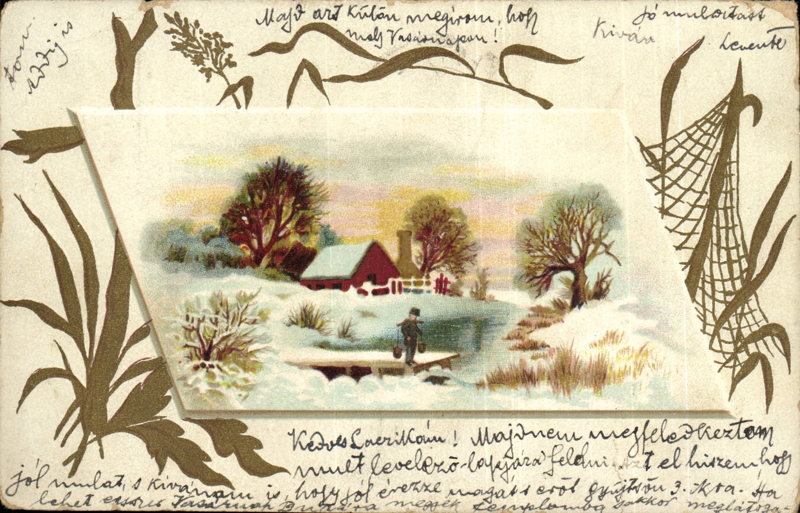 Arbres - Winter scene - child collecting water (carte hongroise Hungary Hongrie)