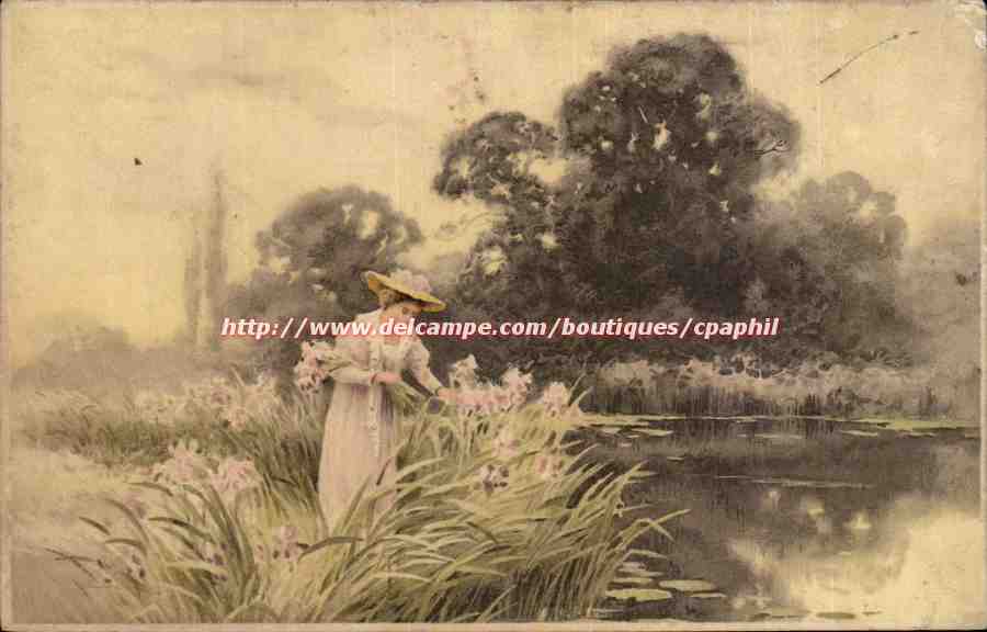 Fantaisie - Femme - Woman in broad hat admiring the flowers (carte hongroise Hungary Hongrie)