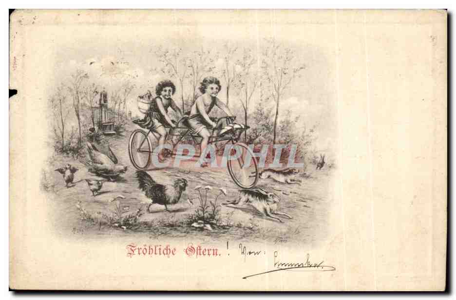 Fantaisie - Enfants - Velo - Cyclisme - double bicycle - unusual - CPA 