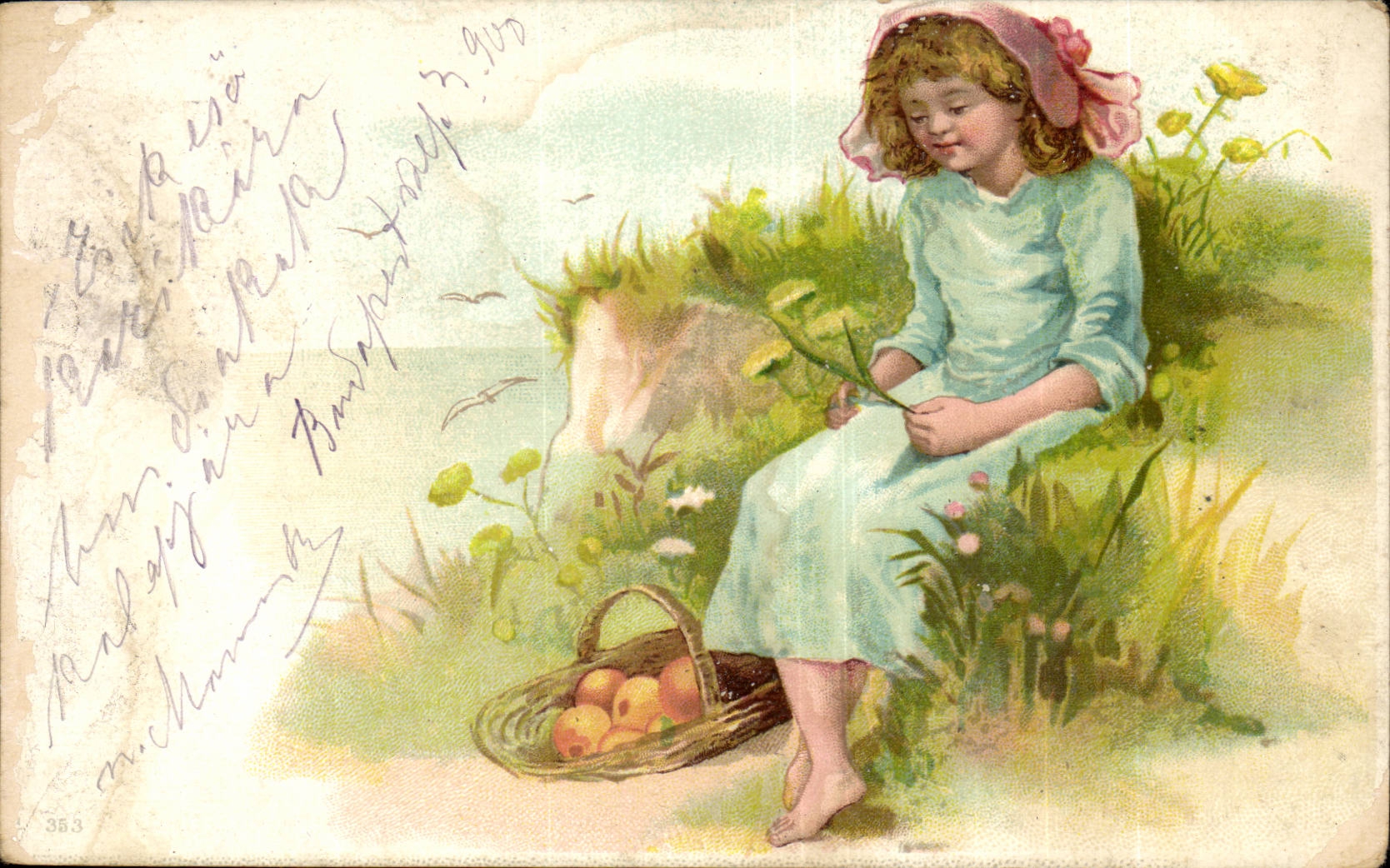 Fantaisie - Enfant - Lovely child with basket at feet (carte hongroise Hungary Hongrie) - CPA 