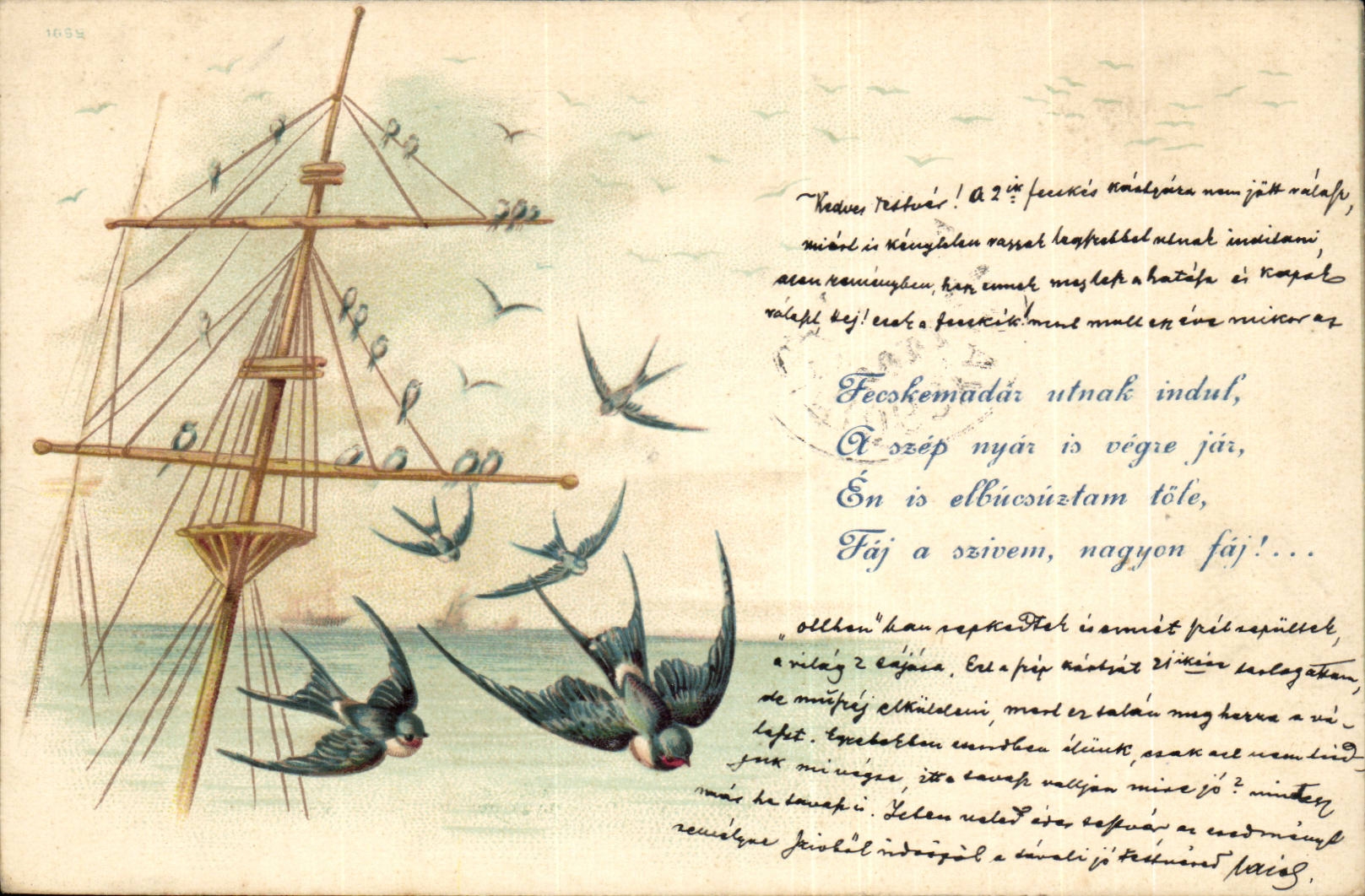Animaux - Oiseaux - Bluebirds perched ship masts - bateau (carte hongroise Hungary Hongrie) - CPA 