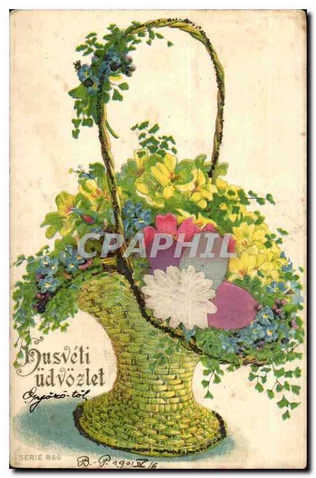 Fetes - Pacques - Easter - Ostern - Eggs hidden in flower basket (carte hongroise Hungary Hongrie) - CPA 