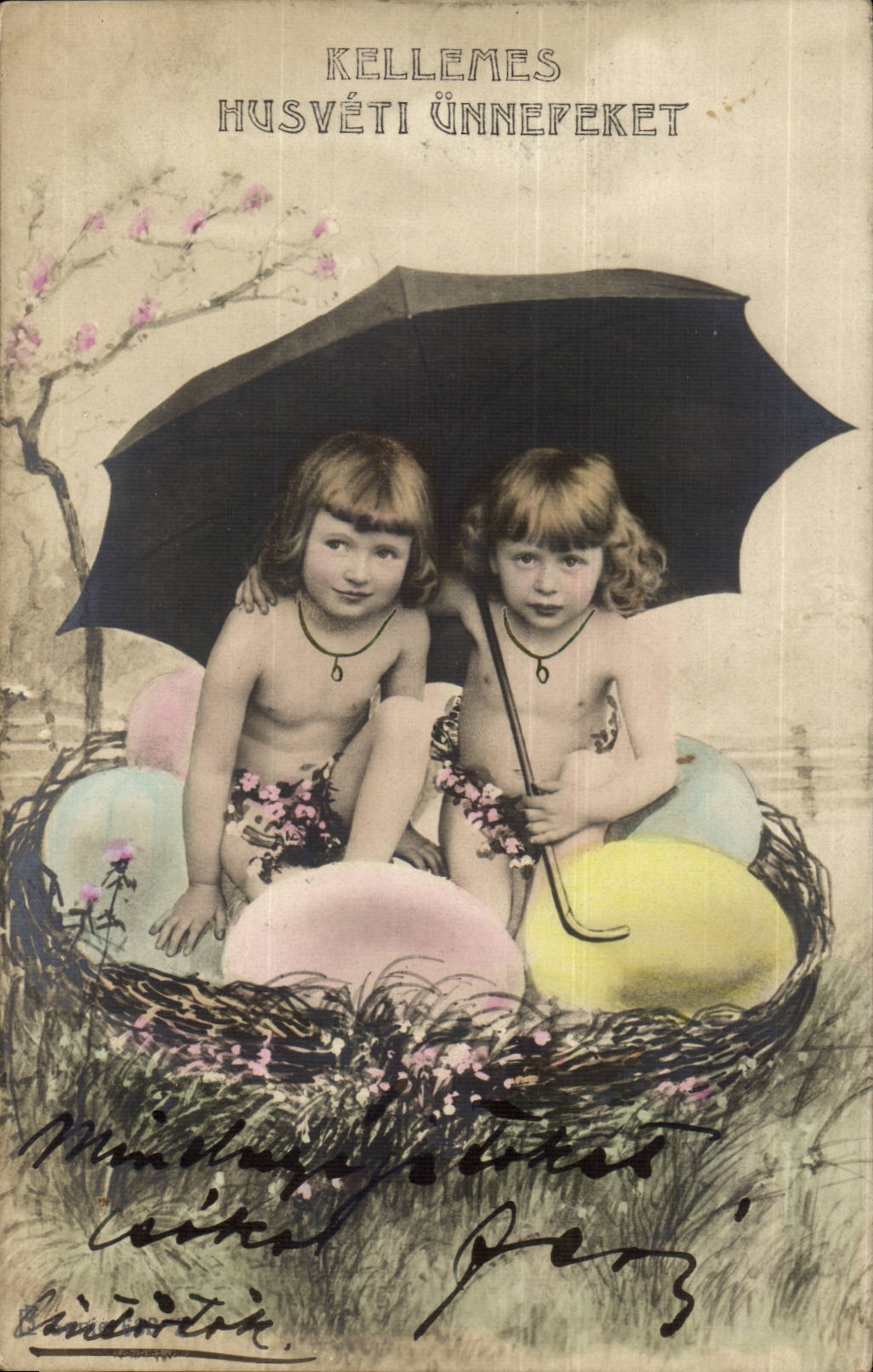 Fantaisie - Enfant - Little Girls in Birds Nest - Umbrella (carte hongroise Hungary Hongrie) - CPA 