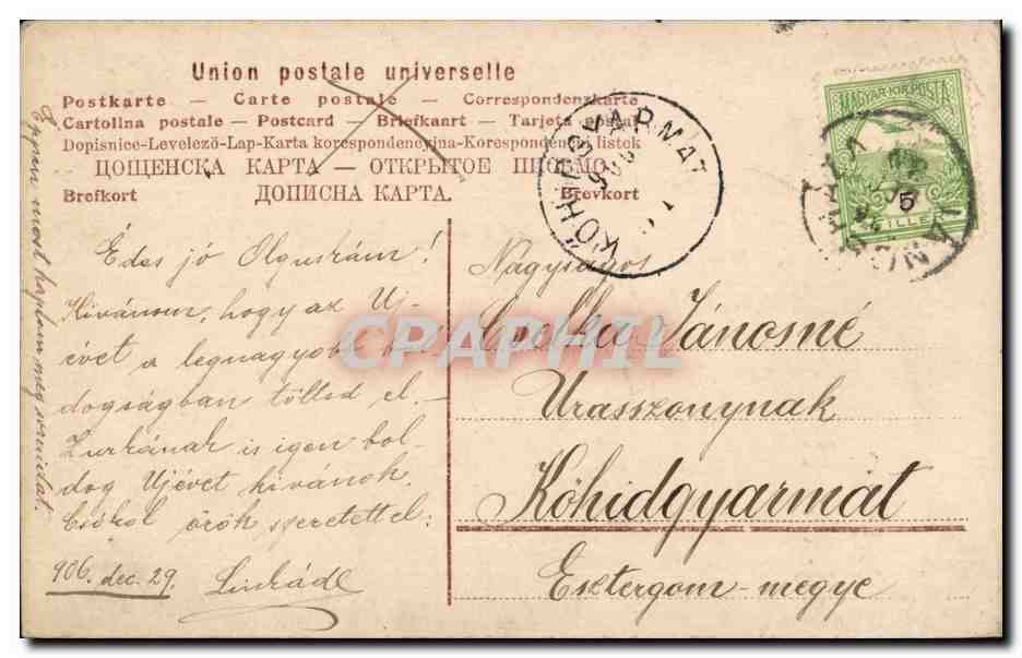 Fantaisie - Enfant - Darling girl with flowered horseshoe (carte hongroise Hungary Hongrie) - CPA Cochon Pig — Verso