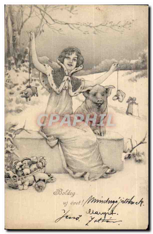 Femme avec porcs — scène de campagne hivernale — éditeur non identifié
