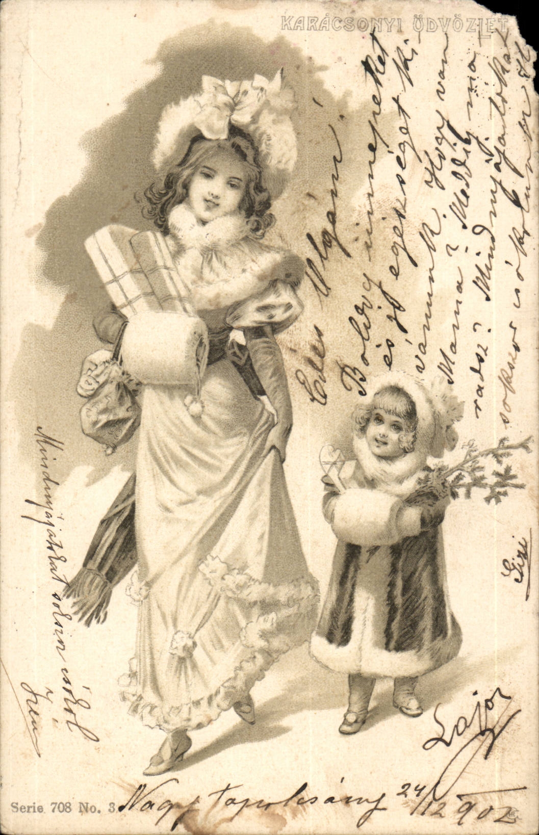 Deux enfants en tenue de Noël — Karácsonyi Üdvözlet — éditeur Nagy Tápcsásány, série 708, n°3