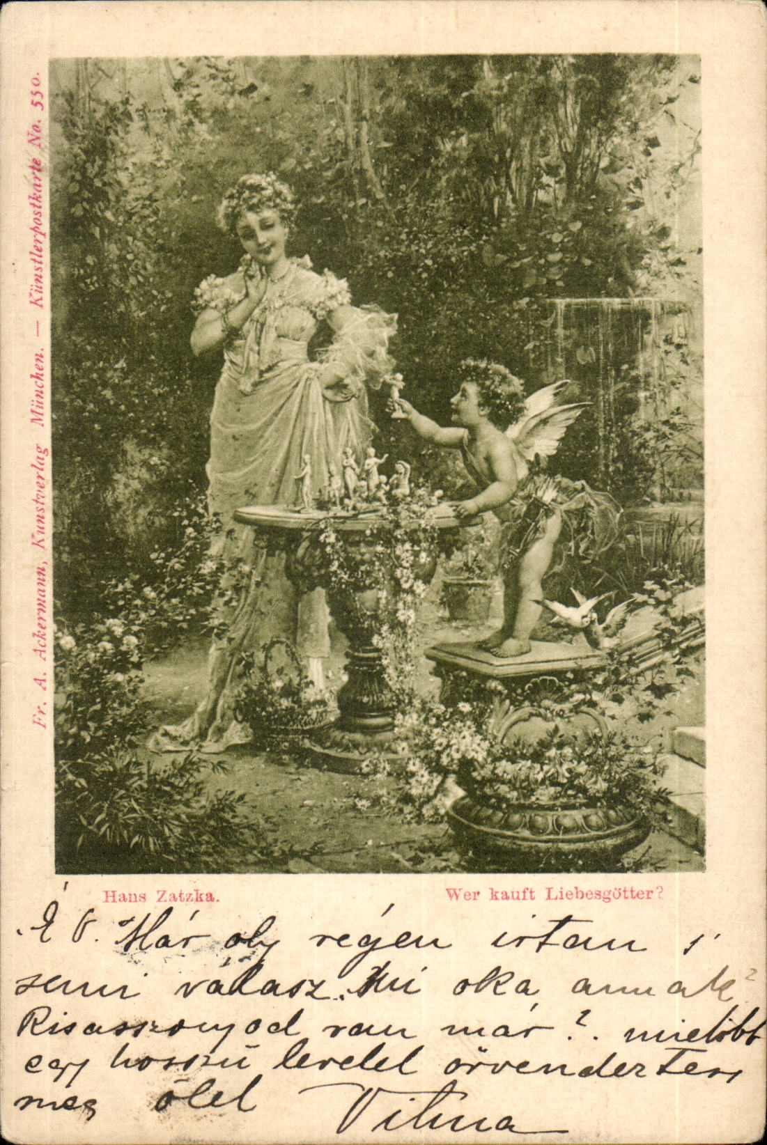 Amour et Cupidon — scène de jardin — Künstlerpostkarte, München, No 550, Fr. A. Ackermann & Hans Zatzka