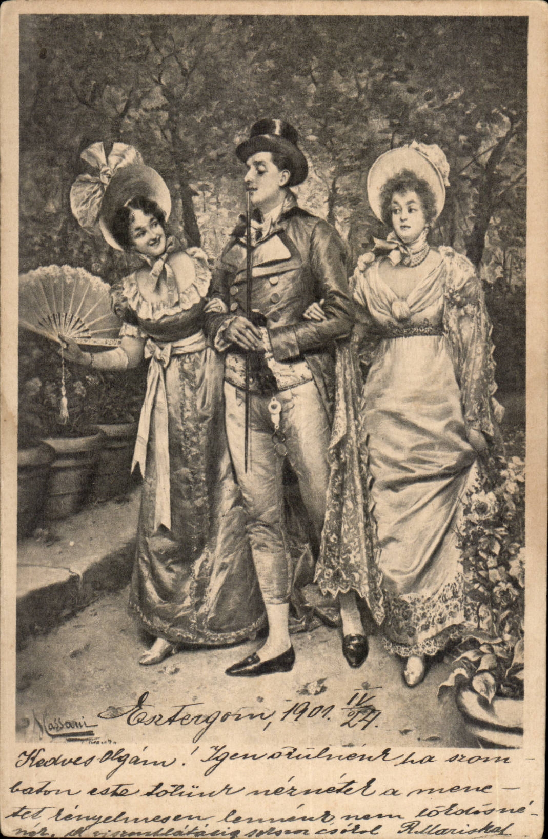 Trois personnages en costume d'époque — dessin de P. Nassoni — éditeur inconnu, n° de série non lisible