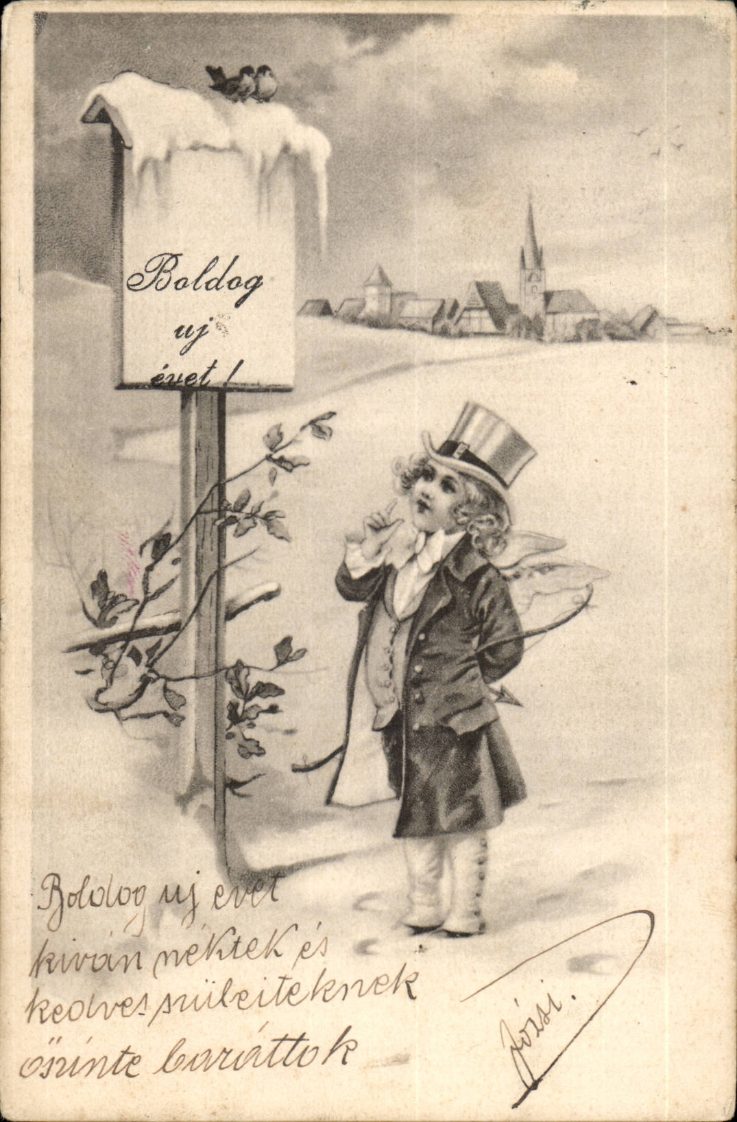 Fantaisie - Enfant - Handsome child reading sign- (carte hongroise Hungary Hongrie)- CPA 