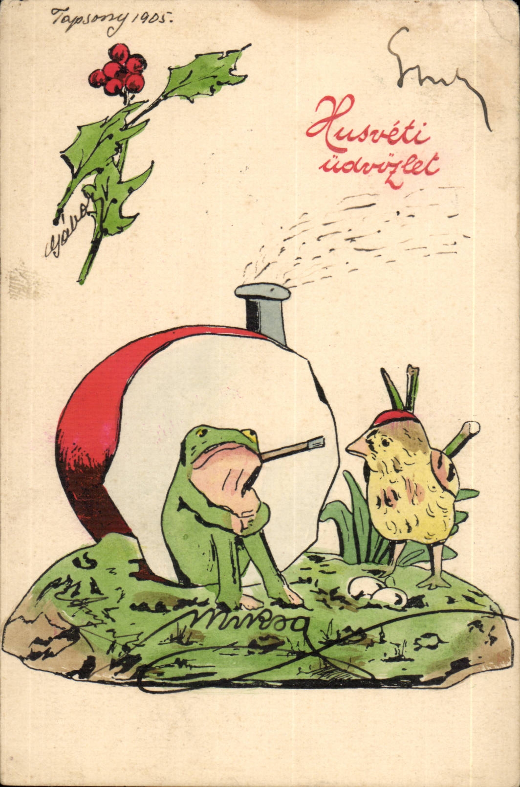 Animaux - Oiseau - Grenouille - Funny frog with cigar and bird(carte hongroise Hungary Hongrie)- CPA 