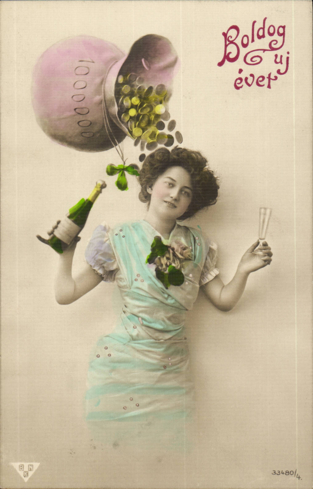 Donna che tiene una bottiglia di champagne e un bicchiere — 'Boldog új évet' — editore BNK, n° 33480/4