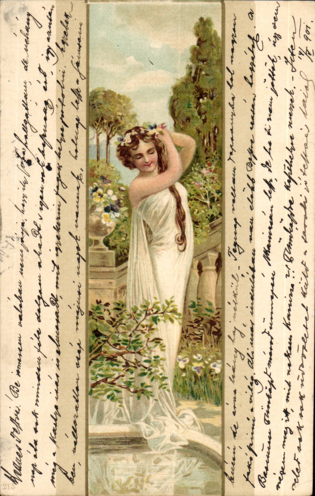 Jeune femme en robe blanche dans un jardin — éditeur non identifié, n° 215